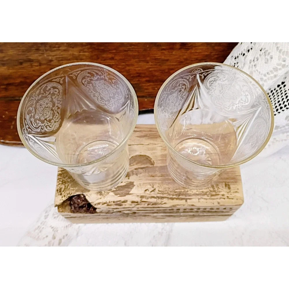 Vintage Etched Clear Glass Juice Tumblers Floral Scroll Pattern Set of 2 4 inch